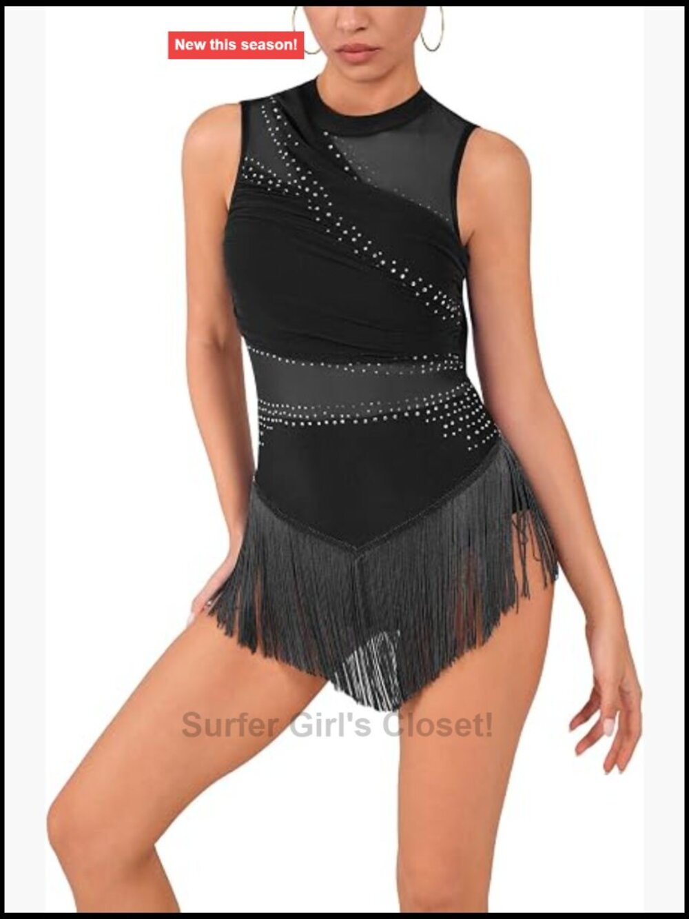 Women Rhinestone Fringe Halter Bodysuit Sleeveless Leotard Fitted